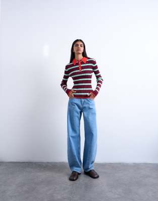 Topshop Knit Striped Collar Polo Shirt In Multi