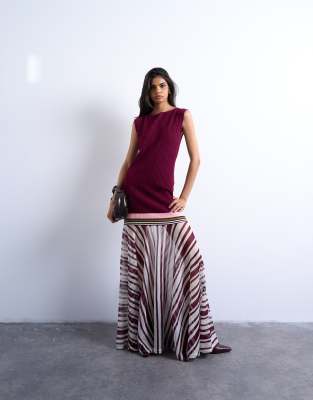 Topshop knit striped full skirt dress in burgundy-Red