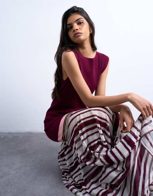 Topshop knit striped full skirt dress in burgundy