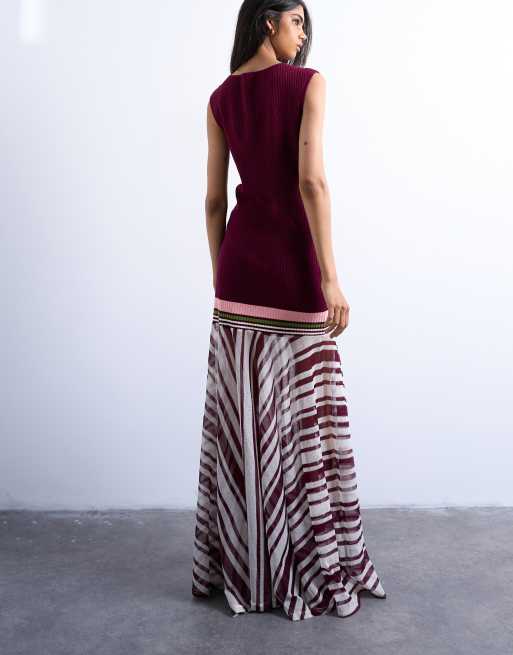 Topshop knit striped full skirt dress in burgundy
