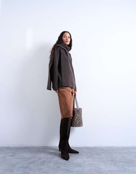 Topshop knit striped oversized sweater with scarf in chocolate - view 1