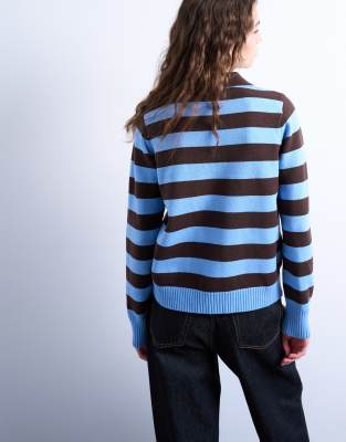 Topshop Knit Striped Polo In Blue