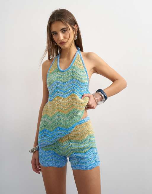 Topshop knit striped shorts in blue multi -part of a set, 2 of 5