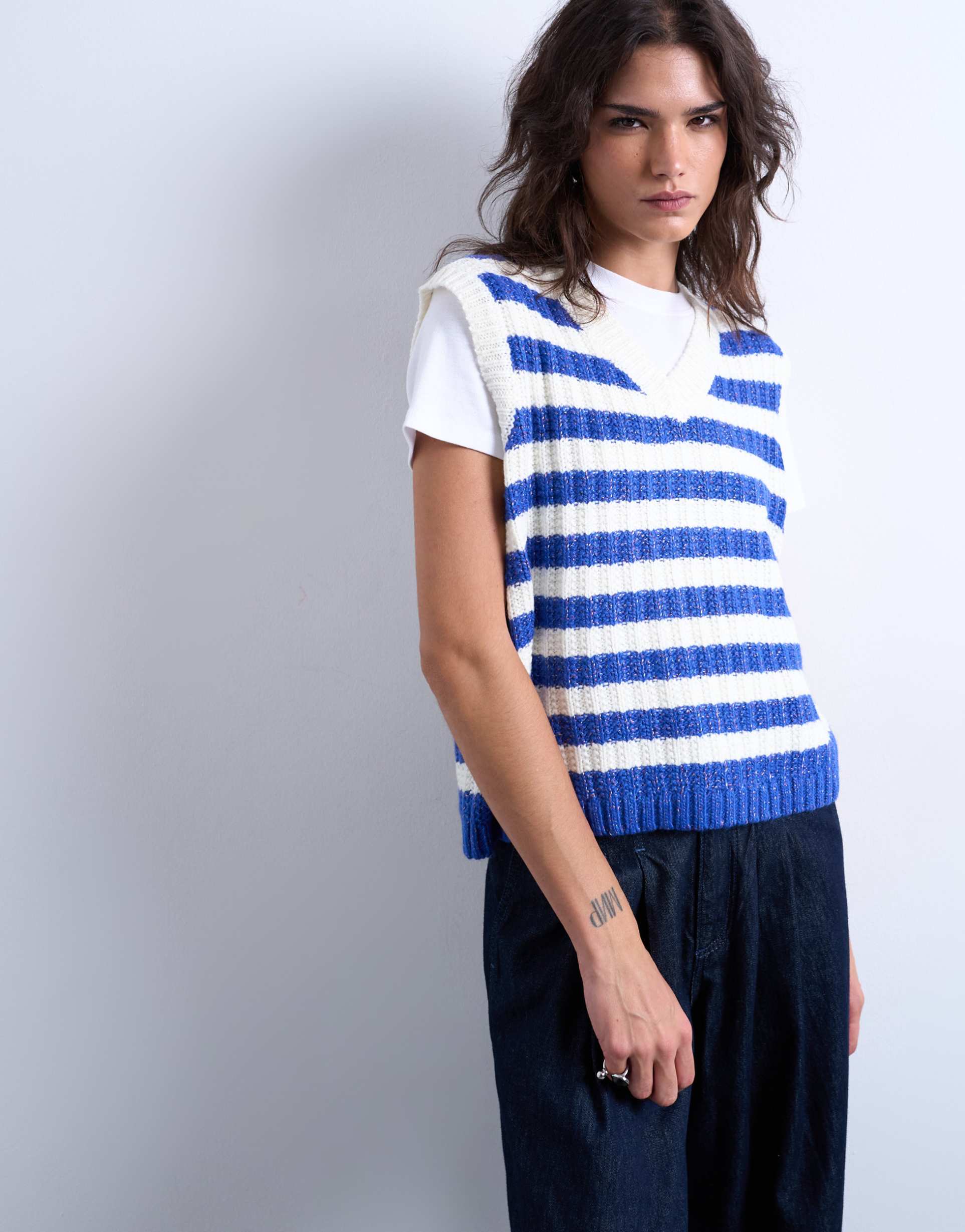 topshop knit striped vintage tank top in blue