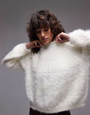 Topshop Knit Super Fluffy Rib Detail Relaxed Sweater In Ivory-white