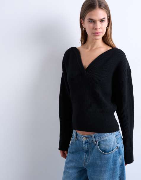 Topshop knit sweetheart neck cinched waist sweater in black - view 1