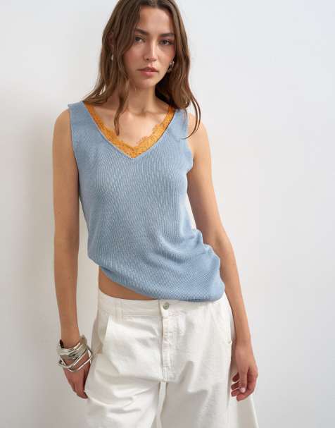 Topshop knit tank top in blue with orange contrast lace - view 1