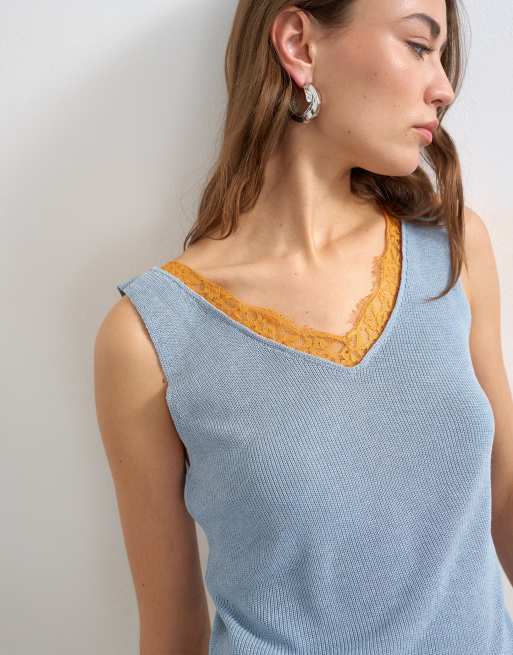 Topshop knit tank top in blue with orange contrast lace , 3 of 4
