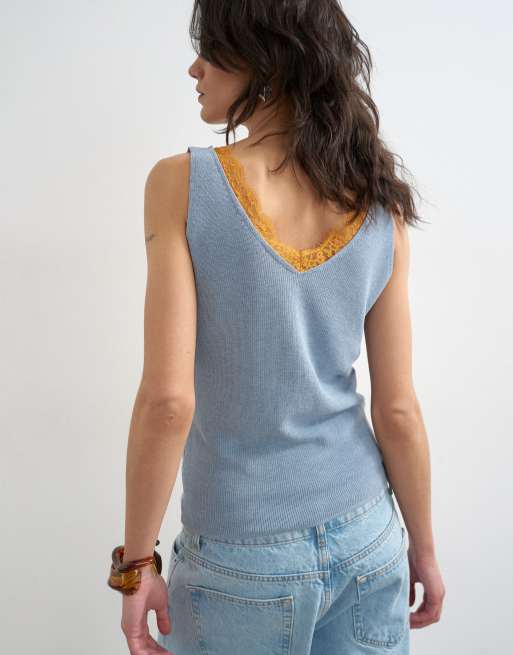 トップス 335 Topshop knit tank top in blue with orange contrast lace | ASOS