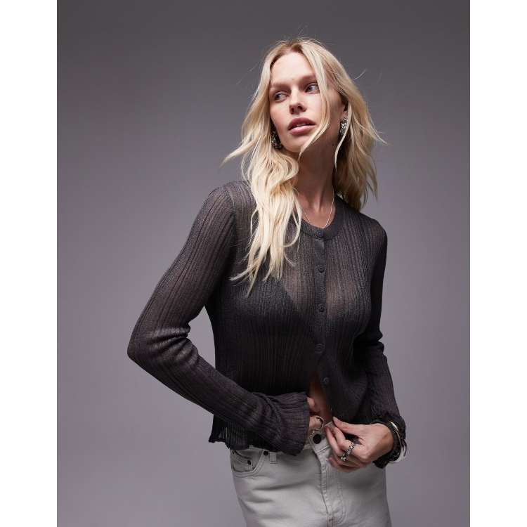 Topshop knit textured sheer cardigan in charcoal | ASOS