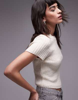 Topshop Knit Textured Tee In Cream-white