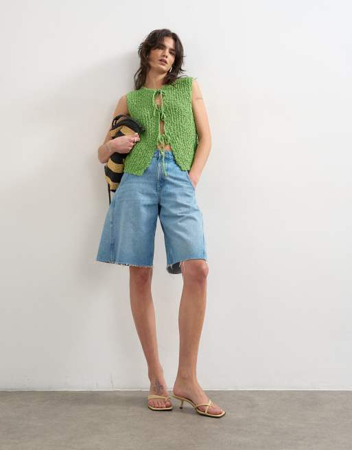 Topshop knit textured tie front vest in green, 2 of 4