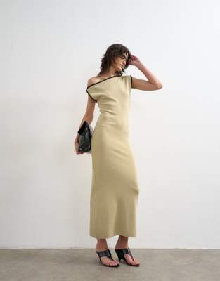 Topshop Knit Textured Twist Detail Off Shoulder Maxi Dress In Neutral