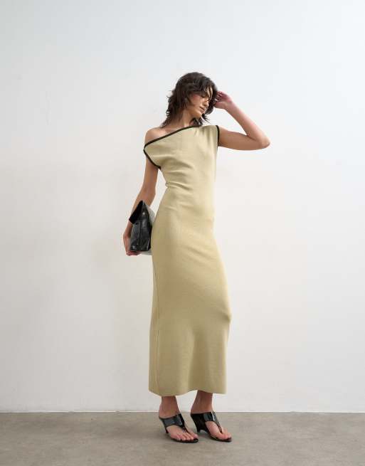 Topshop knit textured twist detail off shoulder maxi dress in neutral | ASOS