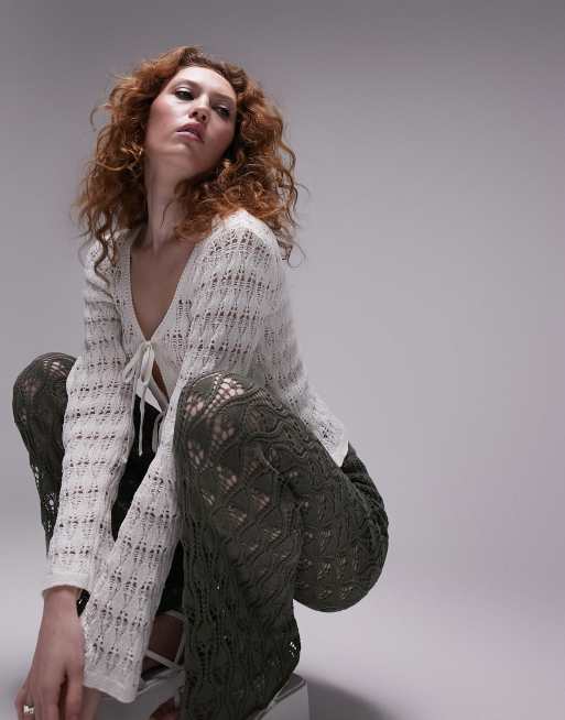 Topshop knit tie front crochet stitch cardigan in ivory