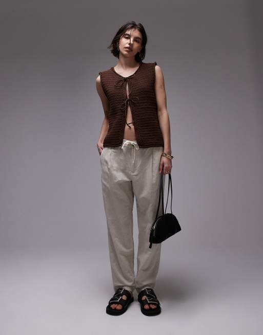 Topshop knit tie front vest in brown, 2 of 4