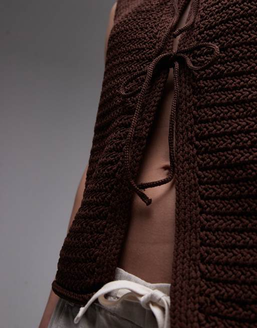 Topshop knit tie front vest in brown, 3 of 4