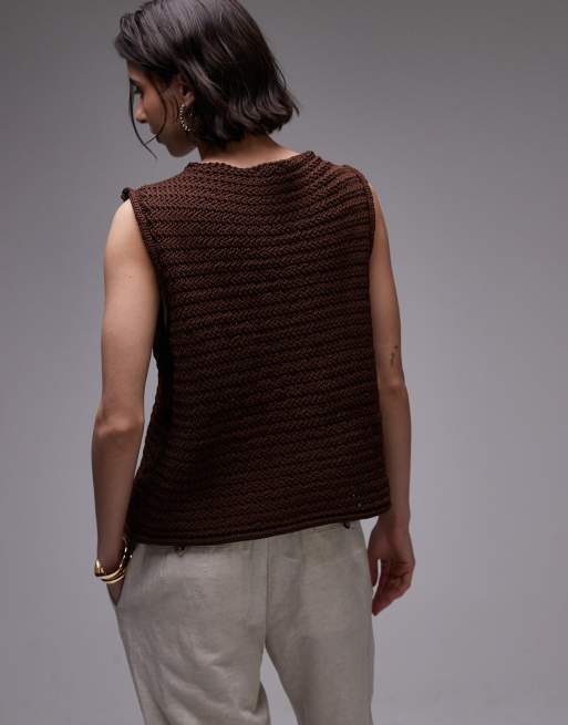 Topshop knit tie front vest in brown, 4 of 4