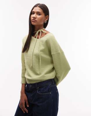 Topshop Knit Tie Neck Sweater In Green
