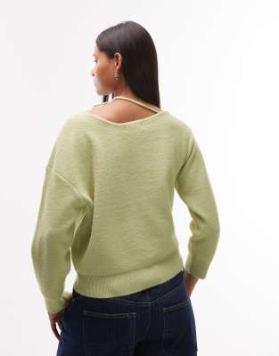 Topshop Knit Tie Neck Sweater In Green