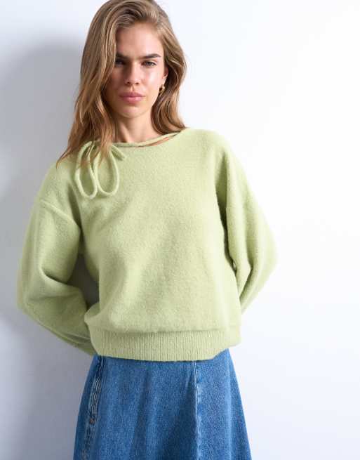 Topshop knit tie neck sweater in green, 3 of 4