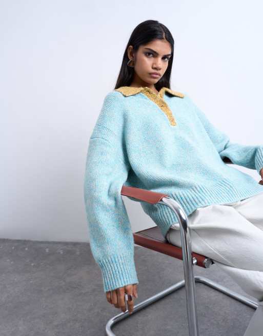 Topshop knit twist yarn contrast collar polo in blue