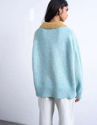 Topshop Knit Twist Yarn Contrast Collar Polo In Blue
