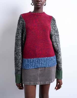 Topshop Knit Twist Yarn Patchwork Volume Sleeve Sweater-multi In Red