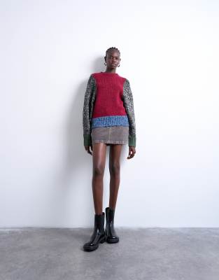 Topshop Knit Twist Yarn Patchwork Volume Sleeve Sweater-multi In Red