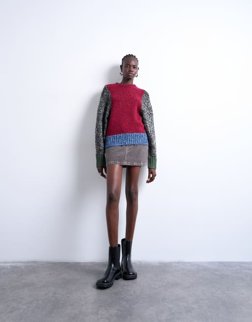 Topshop knit twist yarn patchwork volume sleeve sweater | ASOS