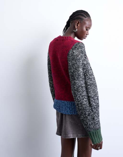 トップス volume hand knit outer Topshop knit twist yarn patchwork volume sleeve sweater | ASOS