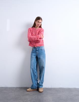 Topshop Knit Twisted Yarn Fluffy Cardigan In Pink