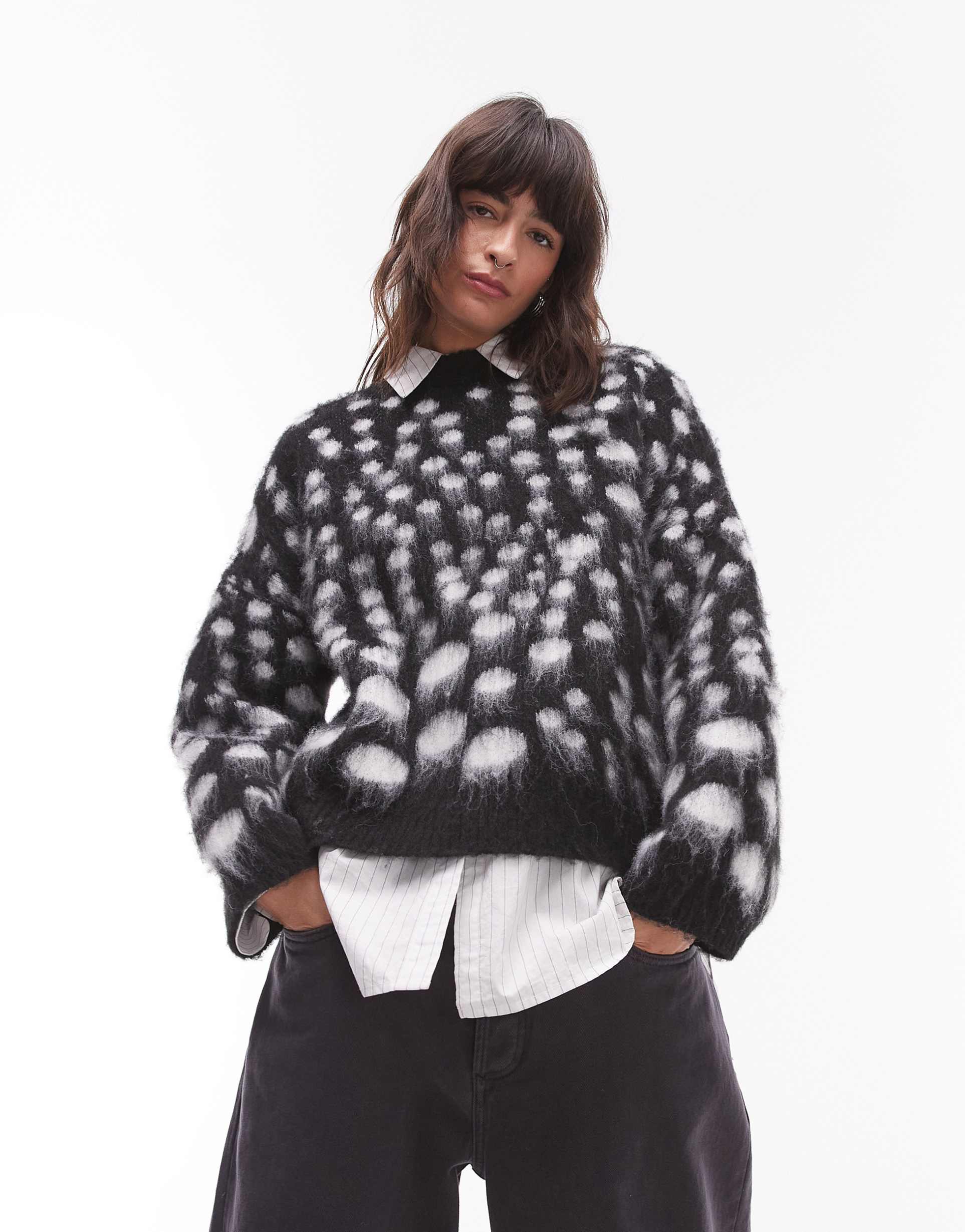 topshop knit ultra fluffy relaxed sweater in mono spot