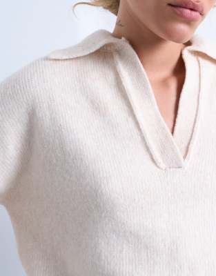 Topshop Knit V Neck Collar Sweater In White
