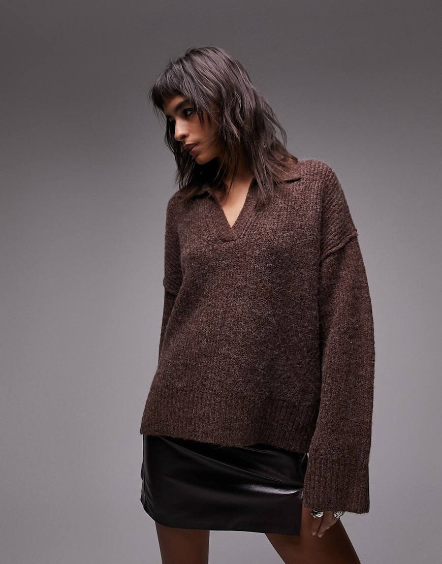 Topshop Knit V-neck Collared Chuck On Sweater In Dark Brown