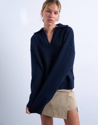 knit v neck collared sweater in navy