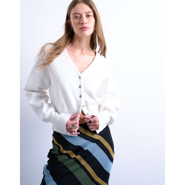 Topshop knit V-neck compact fitted waist cardigan in ivory ASOS