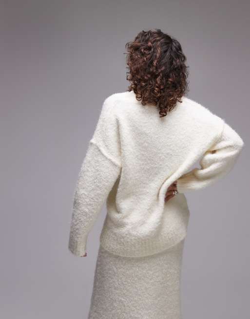 Topshop knit V-neck fluffy oversized sweater in cream - part of a