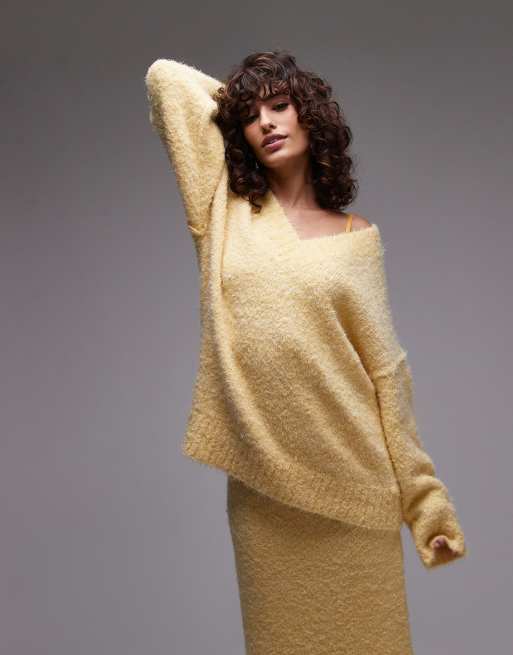 Topshop knit V-neck fluffy oversized sweater in lemon - part of a set, 3 of 4
