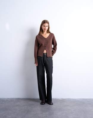 Topshop Knit V Neck Longline Compact Fitted Waist Cardigan In Brown