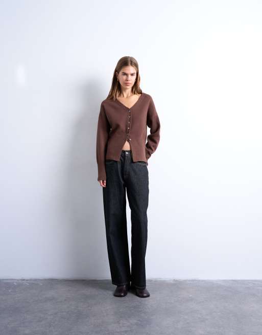 Topshop knit V neck longline compact fitted waist cardigan in chocolate, 2 of 4