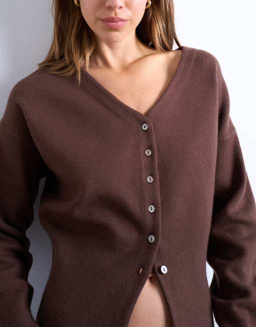 Topshop knit V neck longline compact fitted waist cardigan in chocolate, 4 of 4