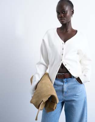 Topshop Knit V-neck Longline Compact Fitted Waist Cardigan In White
