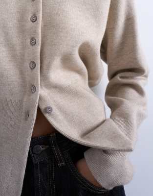 Topshop Knit V Neck Longline Compact Fitted Waist Cardigan In Neutral