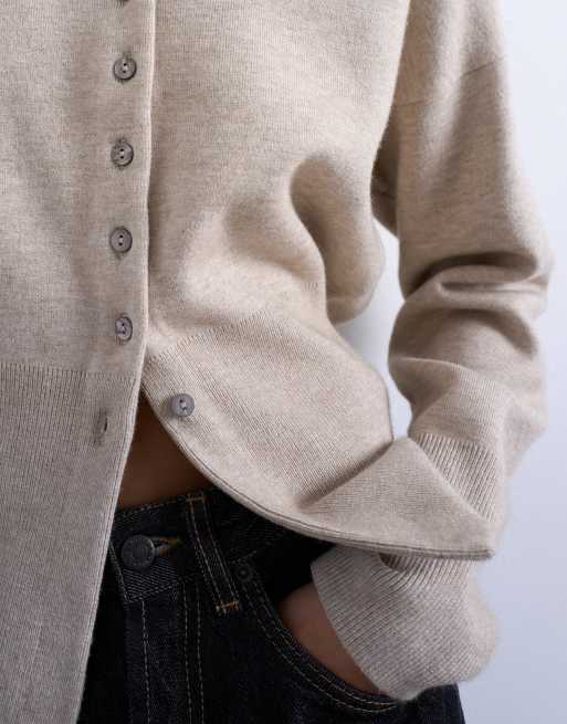Topshop knit v neck longline compact fitted waist cardigan in oat, 2 of 4
