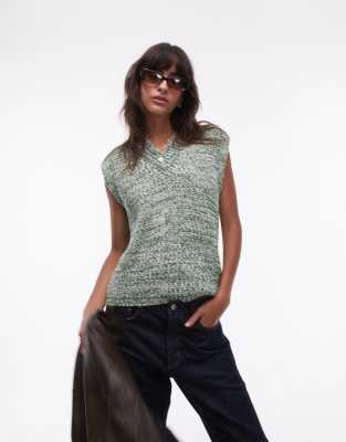 knit V-neck multi chenille tank top in green