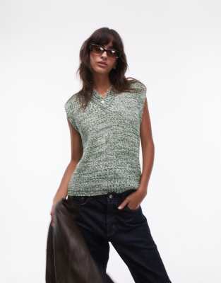 Topshop Knit V-neck Multi Chenille Tank Top In Green