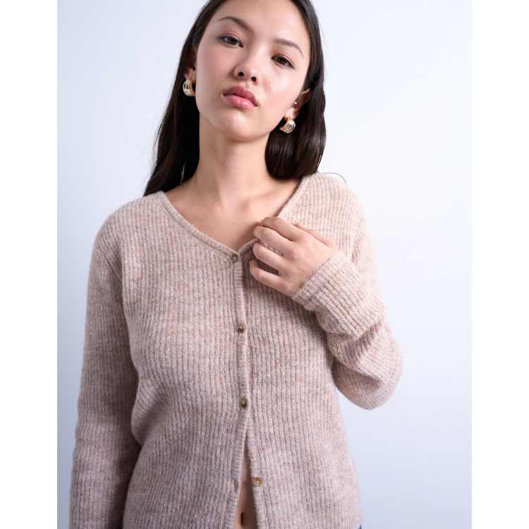 Topshop knit v-neck ribbed cardigan in stone | ASOS