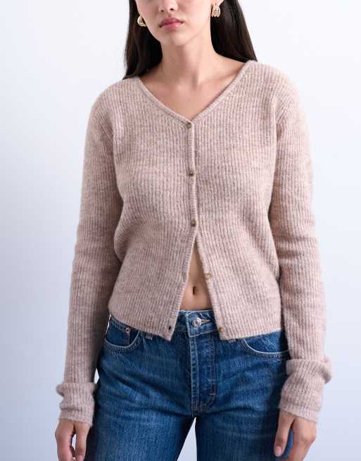 Topshop knit v-neck ribbed cardigan in stone | ASOS