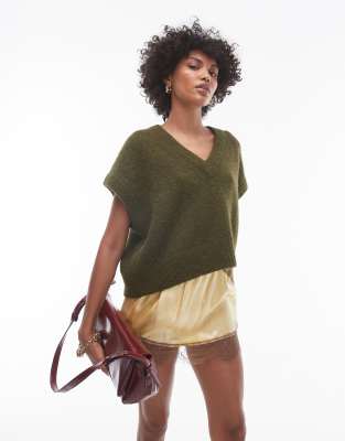 knit v-neck seam front off shoulder relaxed vest in khaki-Green